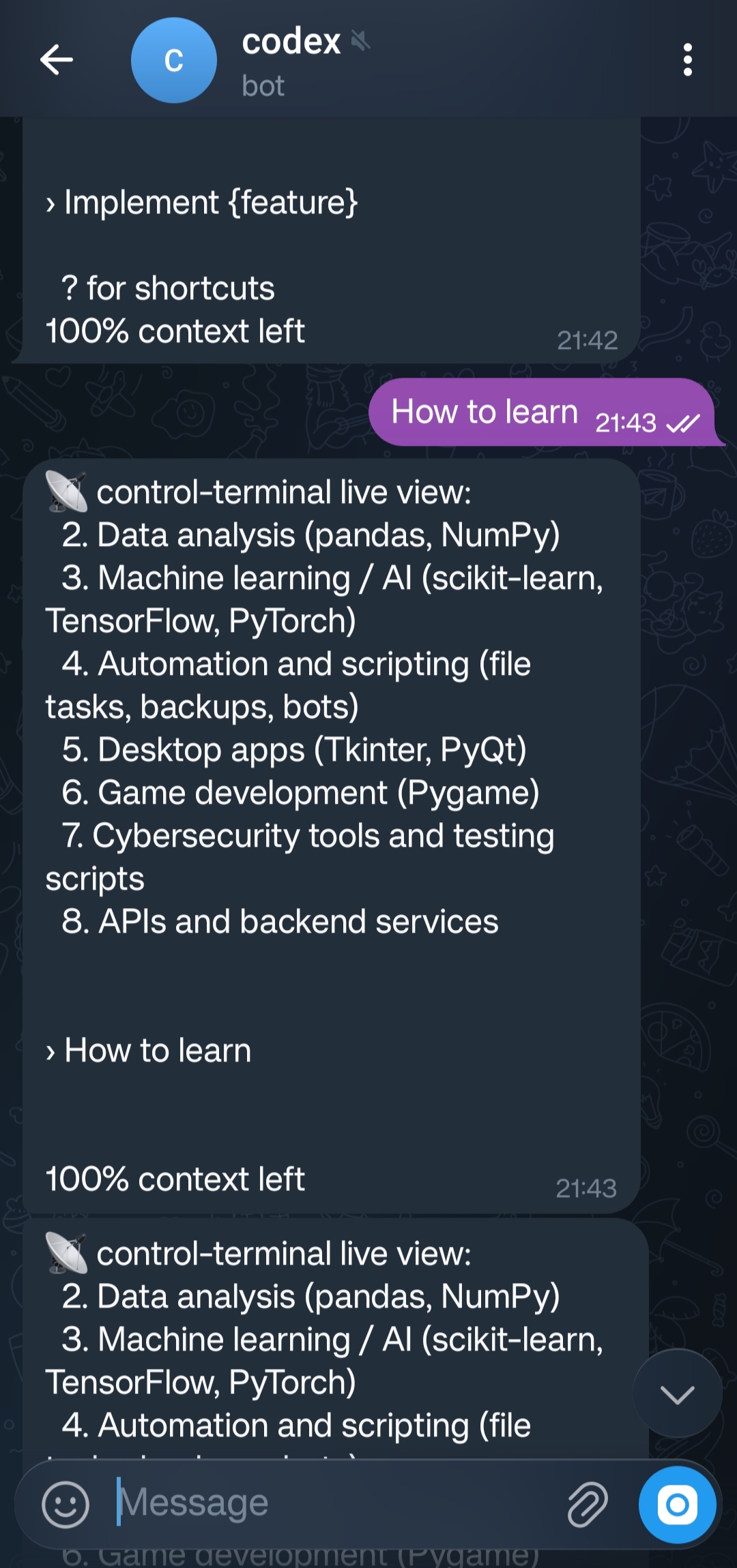 Control-Terminal now supports running prompts from Telegram directly into the selected local agent session (Codex / Claude / custom).